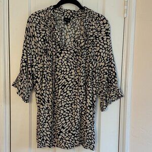 Who What Wear Black/Ivory Print Tie-front Peasant Top, Size: XL